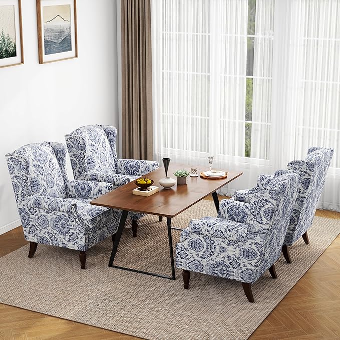 Accent Chair, Upholstered High Back Floral Armchair with Nailhead Trim & Wood Legs, Comfy Wingback Reading Single Sofa Chair for Small Spaces, Living Room, Bedroom ( Navy Blue Floral, Set of 1)