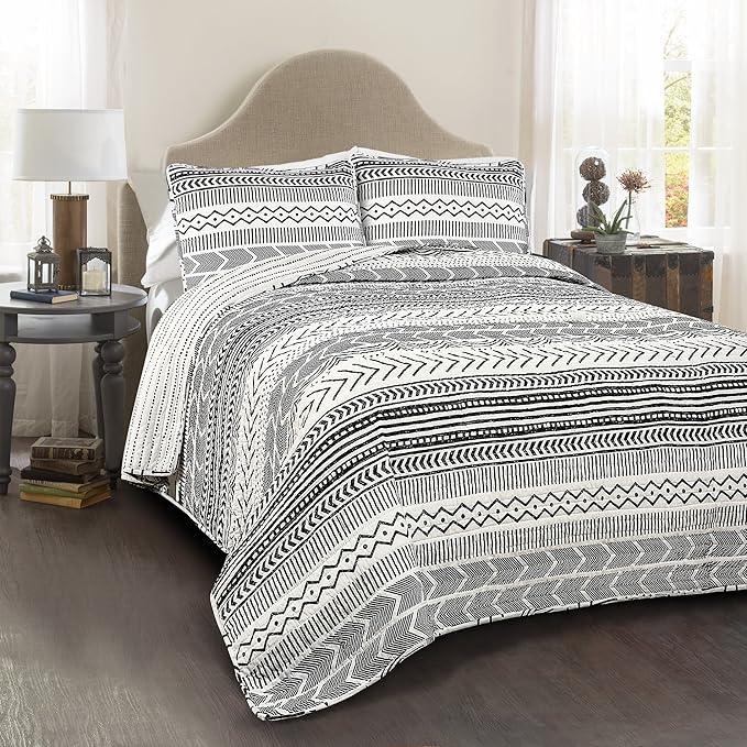 Lush Decor Hygge Geo Pattern Striped 3 Piece Quilt Bedding Set, King, Black & White