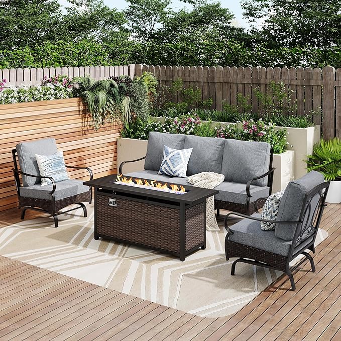 PHI VILLA Patio Furniture Set with 56" Fire Pit Table, Premium Outdoor Wicker Metal Frame Furniture with Upgraded Waterproof Thick Cushions for Porch, Poolside, Deck, and Yard (4 Pieces,Grey