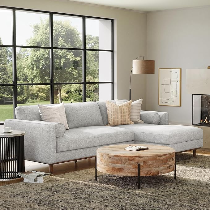 SIMPLIHOME Morrison Right Sectional Sofa in Woven-Blend Recycled Polyester Fabric, Mist Grey, 102-inches Wide, L-Shaped Couch with Right Chaise for the Living Room and Family Room