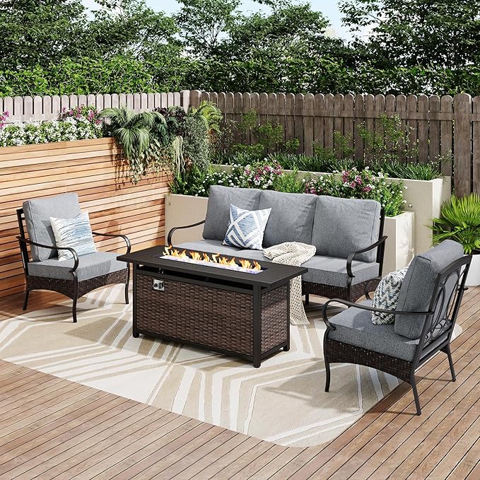 Patio Furniture Set with 56" Fire Pit Table, Premium Outdoor Wicker Metal Frame Furniture with Upgraded Waterproof Thick Cushions for Porch, Poolside, Deck, and Yard (4 Pieces,Grey
