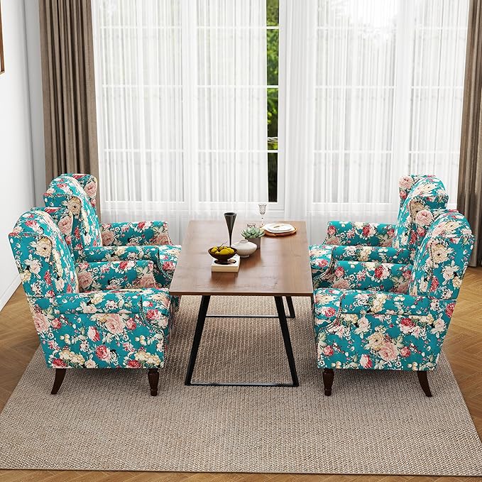 Accent Chair, Upholstered High Back Floral Armchair with Nailhead Trim & Wood Legs, Comfy Wingback Reading Single Sofa Chair for Small Spaces, Living Room, Bedroom ( Peacock Blue Floral, Set of 1)