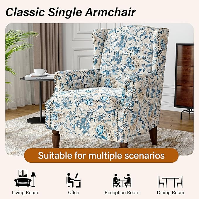 Floral Wingback Accent Chair, High Back Upholstered Armchair, Comfy Fabric Wingback Arms Chairs with Retro Solid Wood Legs, Single Sofa Reading Chair for Bedroom Living Room, Boho Blue