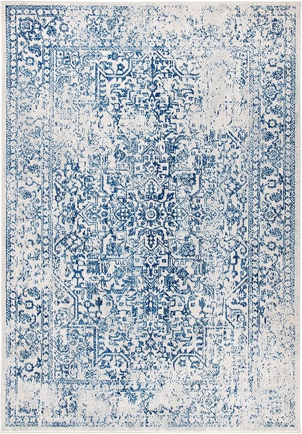 SAFAVIEH Evoke Collection 6'7" x 9' Ivory / Navy EVK256N Oriental Distressed Non-Shedding Living Room Bedroom Dining Home Office Area Rug