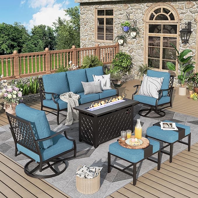 Patio Furniture Set, 6 Pcs Metal Outdoor Conversation Set, 2 Swivel Chairs, 2 Ottomans and 3 Seater Sofa with 5.75" Extra Thick Cushion and Gas Fire Pit Table, Navy Blue