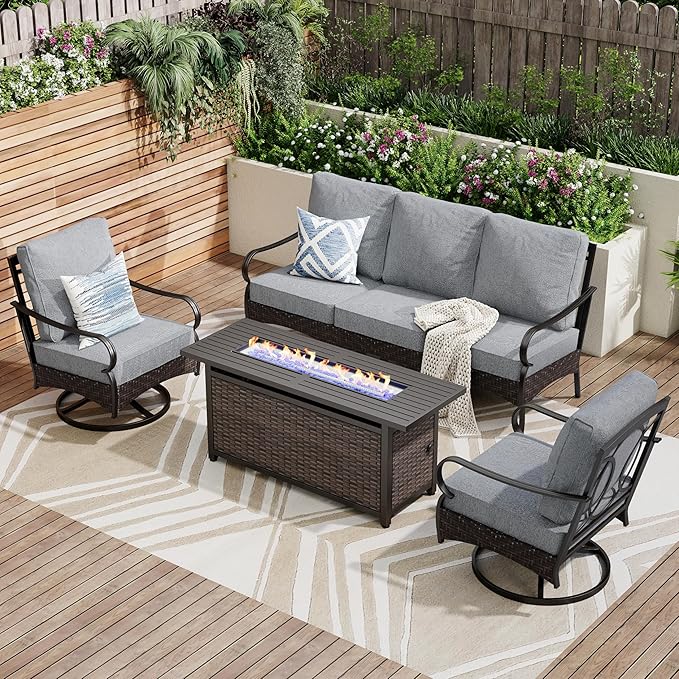 PHI VILLA Patio Furniture Set with 56" Fire Pit Table, Premium Outdoor Wicker Metal Frame Furniture with Upgraded Waterproof Thick Cushions for Porch, Poolside, Deck, and Yard (4 Pieces, Grey