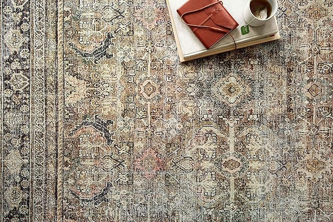 Loloi Layla Collection LAY-03 Olive/Charcoal 2'-0" x 5'-0" .13" Thick Accent Rug, Soft, Durable, Vintage Inspired, Distressed, Low Pile, Non-Shedding, Easy Clean, Printed, Living Room Rug
