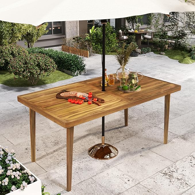 Christopher Knight Home Patio Rectangular Acacia Wood Dining Table with Umbrella Hole, Sturdy for Outdoor Dining, BBQ, Garden, Pair with Dining Chair/Bench, Teak Finish