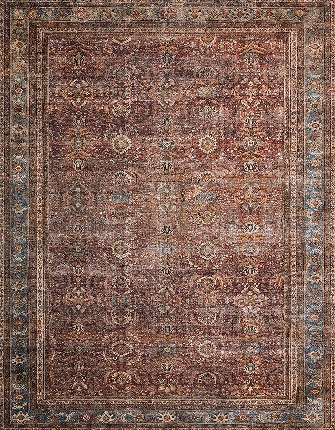 Loloi Layla Collection LAY-01 Brick/Blue 5'-0" x 7'-6" .13" Thick Area Rug, Soft, Durable, Vintage Inspired, Distressed, Low Pile, Non-Shedding, Easy Clean, Printed, Living Room Rug
