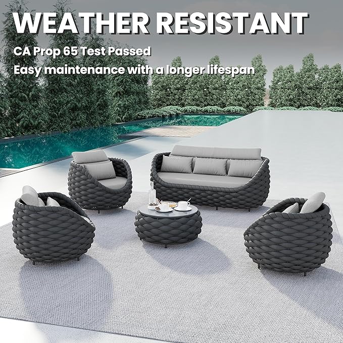 Metal Outdoor Conversation Sets: 5-Piece Aluminum Patio Furniture Set - Woven Rope Porch Sofa Set w/Coffee Table Cushions - Assembled Modern Lounge Couch for Deck Garden Yard Pool Hotel Resort