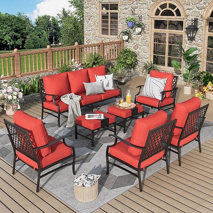 Patio Furniture Set 7 pcs, Outdoor Patio Furniture, 3-Seat Sofa, 4 Single Chairs, 2 Ottomans and 5.75" Extra Thick Cushion, Patio Conversation Set for Garden Backyard Deck,Red
