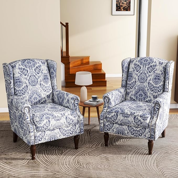 UIXE High Back Floral Accent Chairs Set of 2, Upholstered Armchair in Fabric, Retro Printed Wingback Arm Chair for Living Room, Nailhead Trim Single Sofa Bedroom Reading Seat - Navy Blue