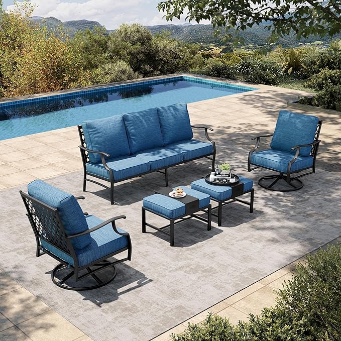 HERA'S HOUSE 5 Piece Patio Furniture Set, 2 x Swivel Chair, 2 x Ottoman, 1 x 3-Seat Sofa, All Cushioned 7 Seats Metal Outdoor Conversation Set for Lawn Garden Backyard