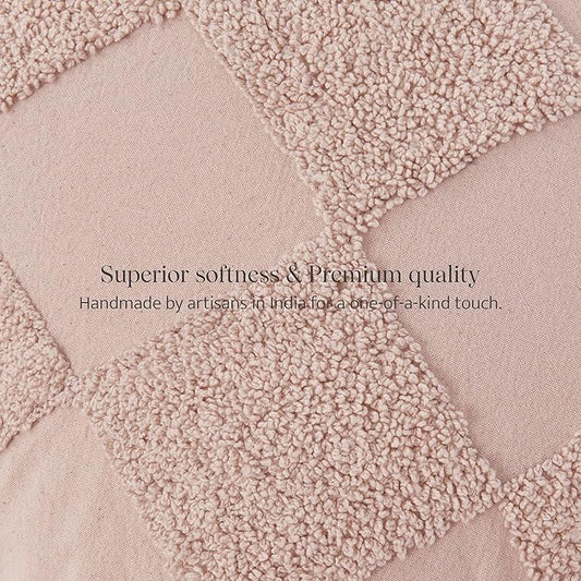 Double Stitch Checkered Throw Pillow Covers - 100% Cotton Tufted Boho Decorative Pillow Covers 20x20, Made in India, Square Cushion Case, Modern Home Decor for Couch, Sofa, Living Room, Pink Whisper