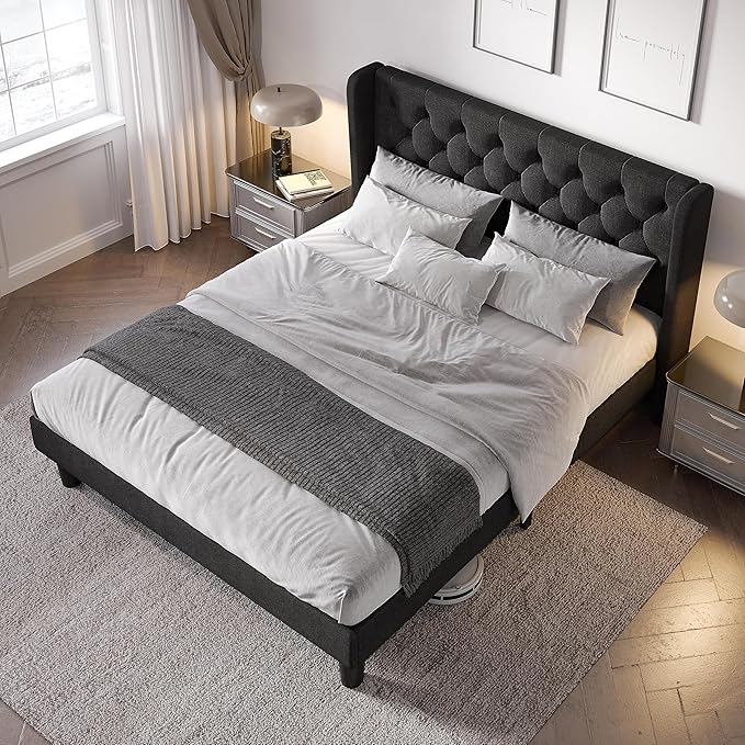 Allewie Full Size Bed Frame with Button Tufted Wingback Headboard, Modern Upholstered Bed Frame with Solid Wooden Slats Support - No Box Spring Needed, Easy Assembly, Black