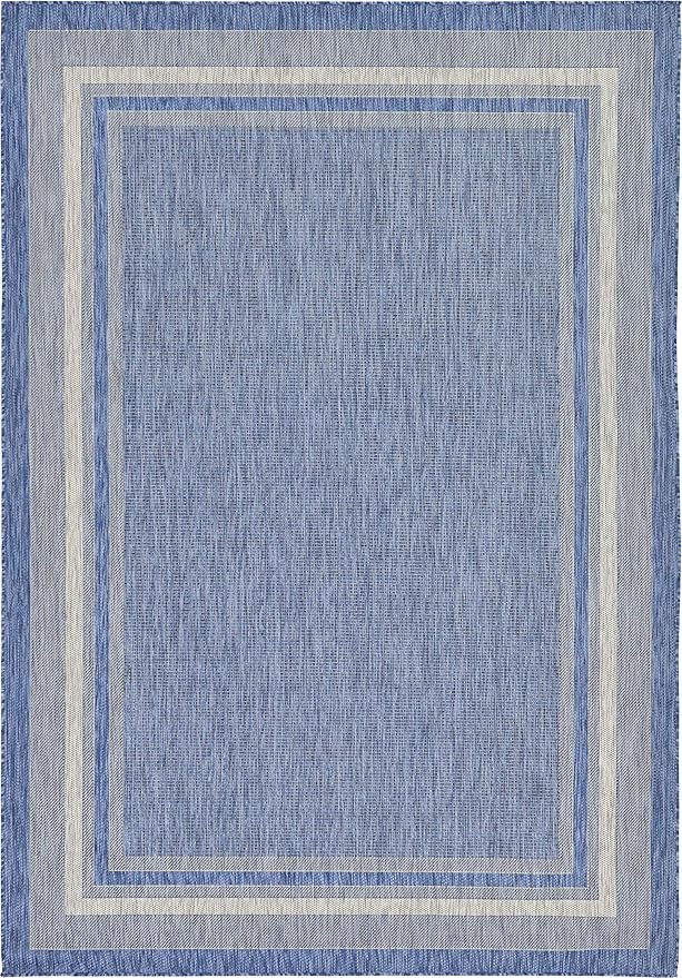 Unique Loom Outdoor Border Collection Area Rug - Soft Border (7' 1" x 10' Rectangle, Blue/ Ivory)