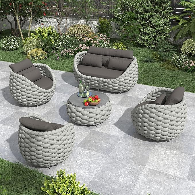 Aluminum Outdoor Seating Set: 5 Pieces Woven Rope Patio Furniture Conversation Set - Modern Deck Loveseat Set Cushioned - Assembled Metal Porch Lounge Set for Yard Garden Lanai Hotel Resort Pool