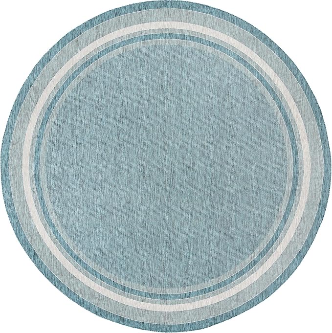 Unique Loom Outdoor Border Collection Area Rug - Soft Border (13' Round, Teal/ Ivory)