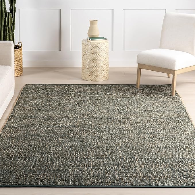nuLOOM 7'6" x 9'6" Elfriede Jute & Cotton Hand Woven Area Rug, Green, Solid Rustic Farmhouse Style, Weaved Design, Natural Fiber, for Bedroom, Living Room, Dining Room, Hallway, Office, Entryway