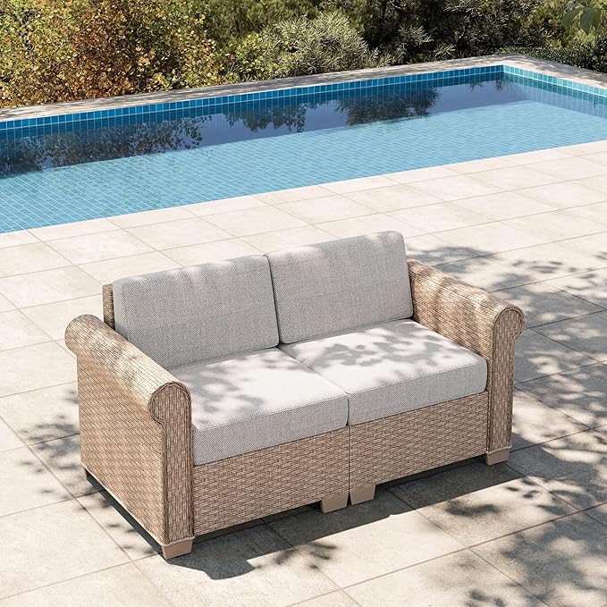 HERA'S HOUSE Patio Loveseat Set, All-Weather 2 Seats Outdoor Sectional Wicker Sofa, 5.5" Thick Cushions, 5.9" Wide Armrests, 2-Piece Modular Conversation Set for Patio, Lawn, Backyard, Garden