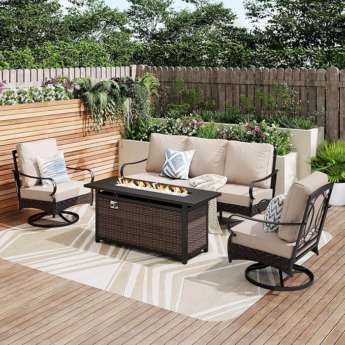 Patio Furniture Set with 56" Fire Pit Table, Premium Outdoor Wicker Metal Frame Furniture with Upgraded Waterproof Thick Cushions for Porch, Poolside, Deck, and Yard(4 Pieces,Beige