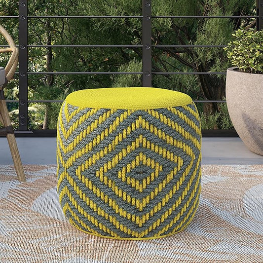 SIMPLIHOME Kent Boho Round Woven Outdoor/ Indoor Pouf in Grey and Yellow Recycled PET Polyester for the Living Room, Bedroom and Kids Room