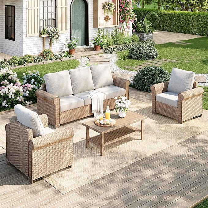 Patio Furniture Set 4 pcs, Wicker Outdoor Patio Furniture, 3-Seat Sofa, 2 Single Chairs and Coffee Table, Rattan Patio Conversation Set for Backyard Deck, Beige
