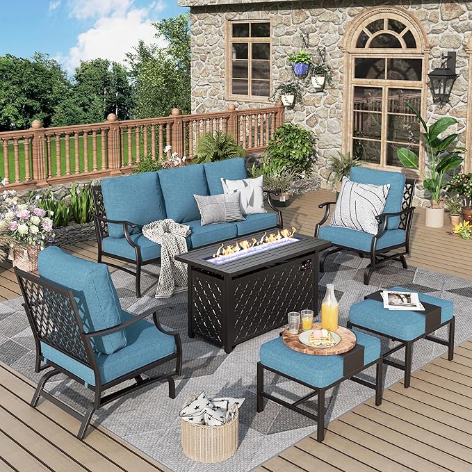 Patio Furniture Set, 6 Pcs Metal Outdoor Conversation Set, 2 Rocker Chairs, 2 Ottomans and 3 Seater Sofa with 5.75" Extra Thick Cushion and Gas Fire Pit Table, Navy Blue
