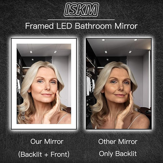 ISKM Framed LED Mirror for Bathroom 60"x28", Dimmable LED Bathroom Mirror with Lights, Anti-Fog, Front and Backlit Lighted Mirror 3-Colors, Shatterproof, Memory Function