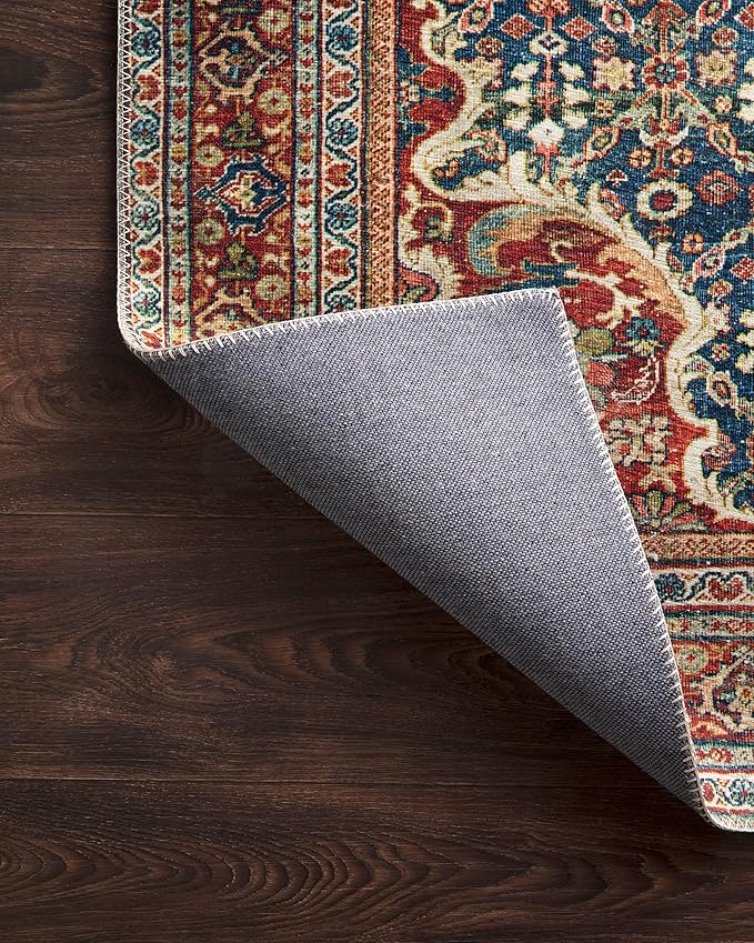 Loloi Layla Collection LAY-09 Cobalt Blue/Spice 9'-0" x 12'-0" .13" Thick Area Rug, Soft, Durable, Vintage Inspired, Distressed, Low Pile, Non-Shedding, Easy Clean, Printed, Living Room Rug