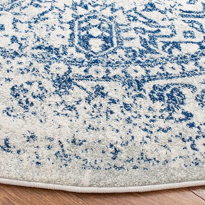 SAFAVIEH Evoke Collection Area Rug - 6'7" Round, Ivory & Navy, Distressed Design, Non-Shedding & Easy to Clean, Ideal for Living Room, Bedroom, Dining Space (EVK256N)