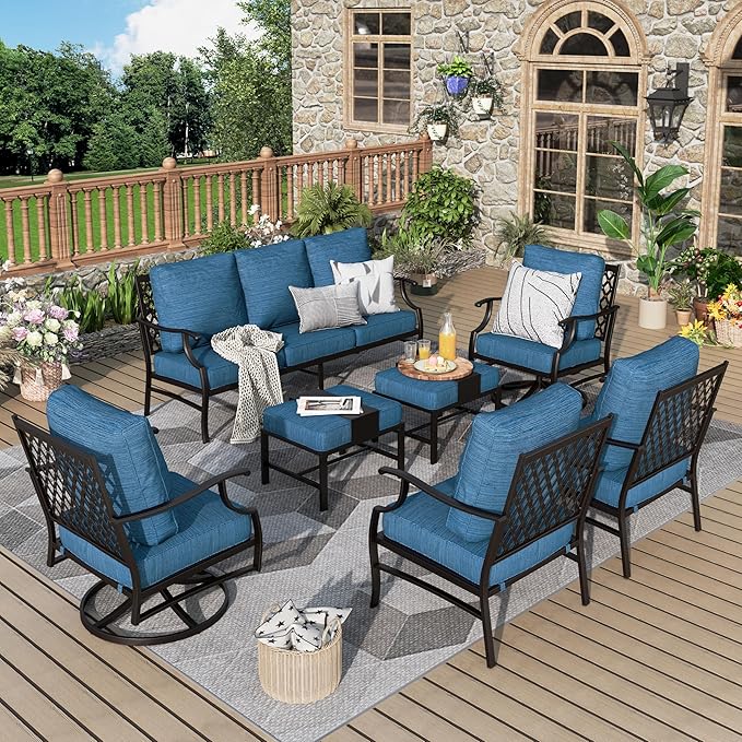 Patio Furniture Set 7 pcs, Outdoor Patio Furniture, 3-Seat Sofa, 2 Swivel Chairs, 2 Single Chairs, 2 Ottomans and 5.75" Extra Thick Cushion, Conversation Set for Deck,Gemstone Blue