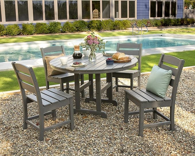 POLYWOOD Lakeside 5-Piece Round Outdoor Dining Set, 48" Patio Table with 4 Chairs, Slate Grey HDPE Recycled Plastic Bistro Furniture Set