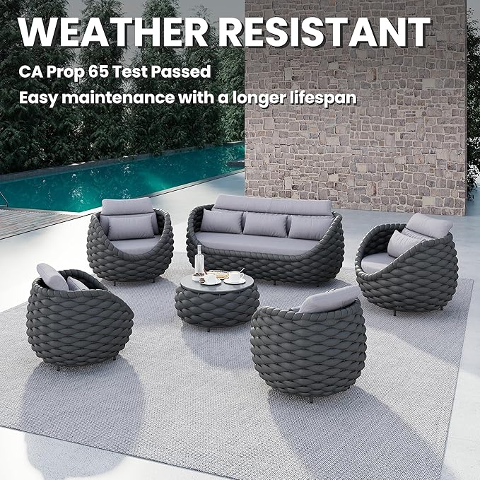 Metal Outdoor Conversation Sets: 6-Piece Aluminum Patio Furniture Set - Woven Rope Porch Sofa Set w/Coffee Table Cushions - Assembled Modern Lounge Couch for Deck Garden Yard Pool Hotel Resort