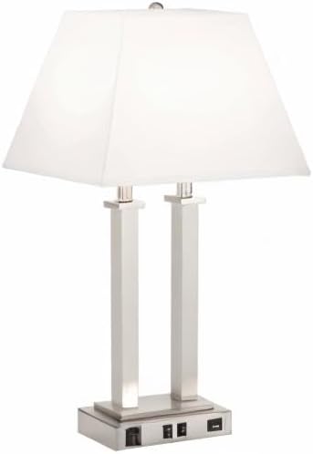 Possini Euro Design Amity Modern Table Lamp 26" High with USB and AC Power Outlet in Base Brushed Nickel White Linen Hardback Shade for Bedroom Living Room House Home Desk Bedside Nightstand Office