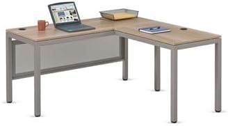 nbf signature series at Work Reversible L Shaped Desk 60" w x 60" d Ergonomic Corner Computer Desk with Warm Ash Laminate/Brushed Nickel Steel Frame for Office Use