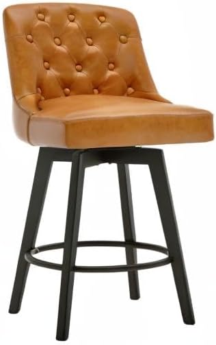 MINCETA Bar Stools Set of 2, PU Leather Barstools, 26 Inch Upholstered Counter Stools with Low Tufted Back and Footrest, Swivel Counter Height Barstools for Kitchen Island Home Bar Brown