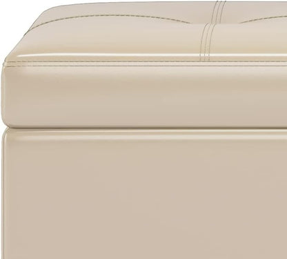 SIMPLIHOME Oregon 42 inch Wide Transitional Rectangle Storage Ottoman Bench with Tray in Satin Cream Vegan Faux Leather, Assembled, For the Living Room, Entryway and Family Room