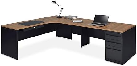 NBF Carbon L Shaped Executive Office Desk with Hutch - Durable Laminate Computer Desk with 3 Drawers - Modern Desk with Storage and File Cabinet - Work Desk with Right Return (72" W x 96" D, Oak)