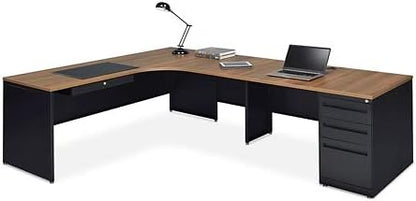 NBF Carbon L Shaped Executive Office Desk with Hutch - Durable Laminate Computer Desk with 3 Drawers - Modern Desk with Storage and File Cabinet - Work Desk with Right Return (72" W x 96" D, Oak)