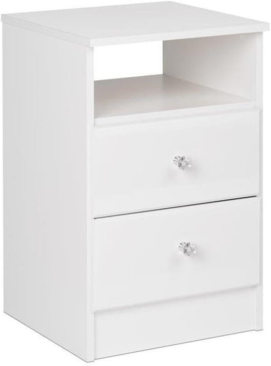 Prepac Astrid Simplistic Nightstand with 2 Drawers and Open Shelf, Functional Bedside Table with Acrylic Knobs 15.5" D x 16" W x 24.5" H, White, WDNH-0402-1-V