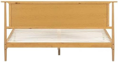 NTC Ruby Wooden Bed Frame with Headboard and Natural Rattan, Solid Oak/Rubber Wood Foundation with Silent Slats, 1000 Lb Capacity, Effortless Assembly - King - Rustic Oak