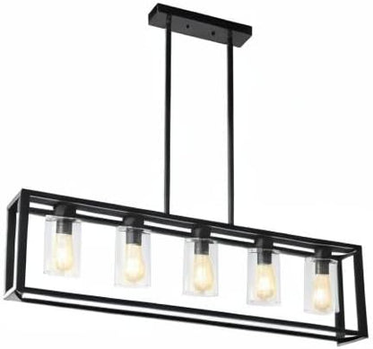 Farmhouse Dining Room Light Fixture Kitchen Island Pendant Lighting Rectangle Black Dining Room Lighting Fixture Modern Pendant Contemporary Chandeliers with Glass Shade Adjustable