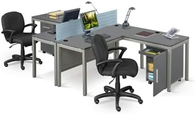 NBF at Work Reversible L Shaped Executive Office Desk - Durable Gray Laminate Computer Desk with Steel Frame - Modern Desk with 3 Grommet Holes - 60" W x 60" D Office Work Desk (Gray)