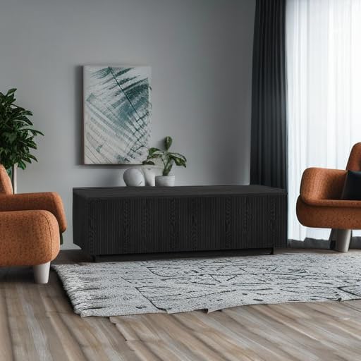Henn&Hart 48" Fluted Rectangular Low-Profile Coffee Table for Living Room, Family Room, or Office, Black Grain