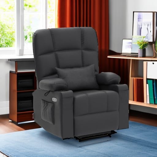MCombo Medium Lay Flat Dual Motor Power Lift Recliner Chair Sofa with Massage and Heat for Elderly People, Infinite Position, Faux Leather 7679 (Black, Medium)