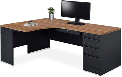 NBF Carbon L Shaped Executive Office Desk - Durable Laminate Computer Desk with 3 Drawers Pedestal - Modern Desk with Storage and File Cabinet - 72" W x 48" D Office Work Desk (Oak)