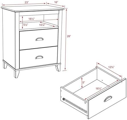 Prepac Yaletown Traditional 2-Drawer Tall Nightstand Side Table, Bedside Table with 2 Drawers and Open Shelf 16" D x 23" W x 28" H, White, WDNH-1202-1