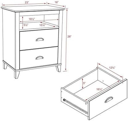 Prepac Yaletown Traditional 2-Drawer Tall Nightstand Side Table, Bedside Table with 2 Drawers and Open Shelf 16" D x 23" W x 28" H, White, WDNH-1202-1