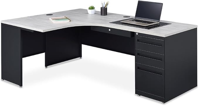 NBF Carbon L Shaped Executive Office Desk - Durable Laminate Computer Desk with 3 Drawers Pedestal - Modern Desk with Storage and File Cabinet - 72" W x 48" D Office Work Desk (Gray, Maple)